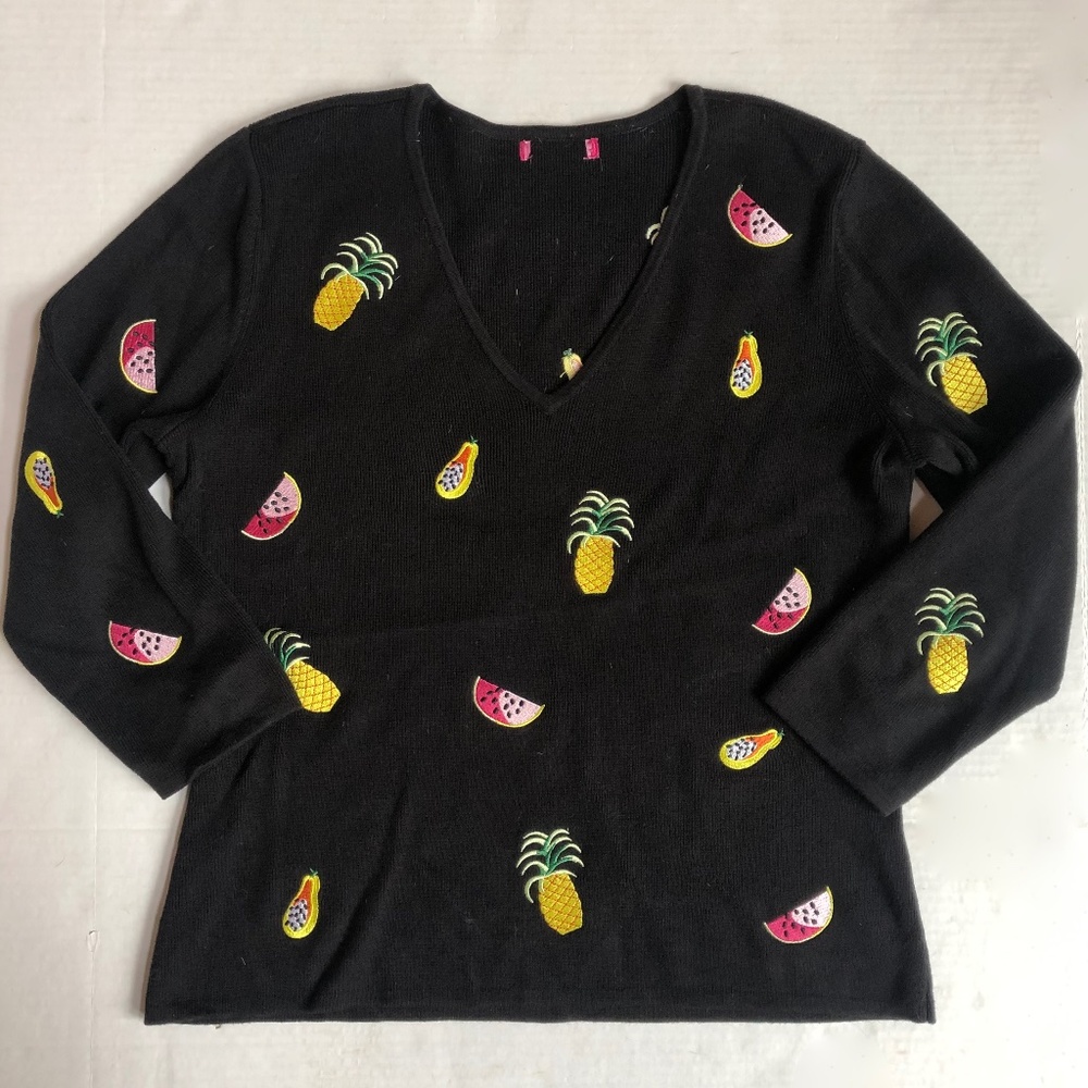 Alexandra Bartlett Embroidered Fruit Black Sweater